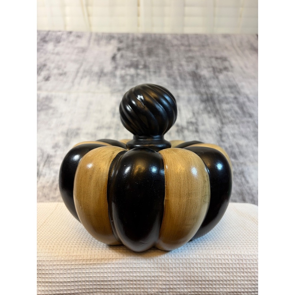 Hobby Lobby Home Accents Black and Gold Striped Decorative Pumpkin with Lid 6x8